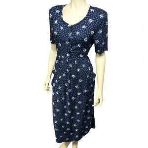 Ship’NShore 50’s 60’s Vintage Floral Maxi Dress Navy Flowers Prairie Cottagecore